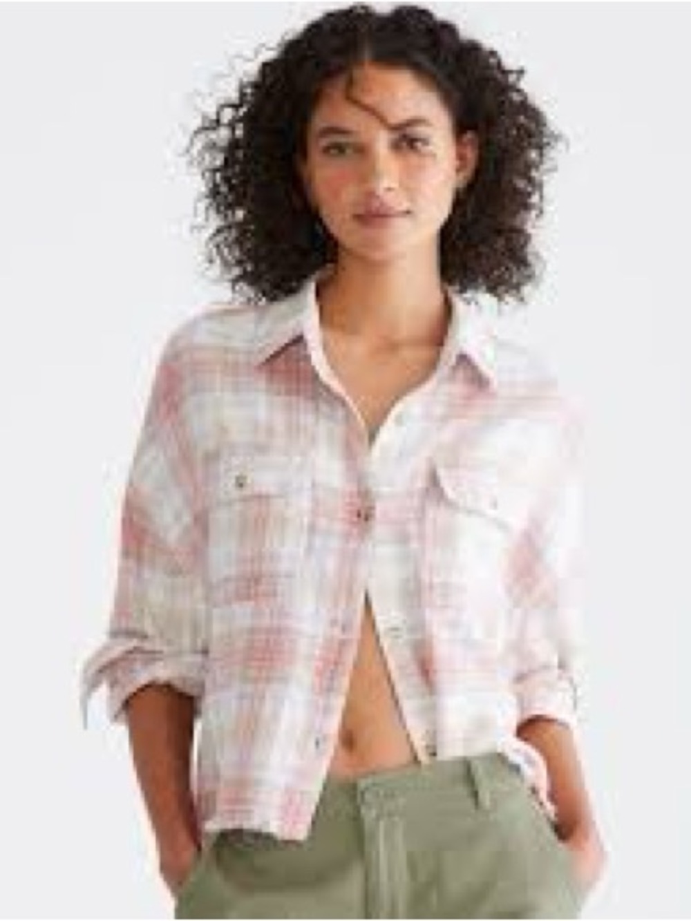 Aeropostale Crop Top Sz L Distressed Flannel Plaid Button-Up Casual 100% Cotton